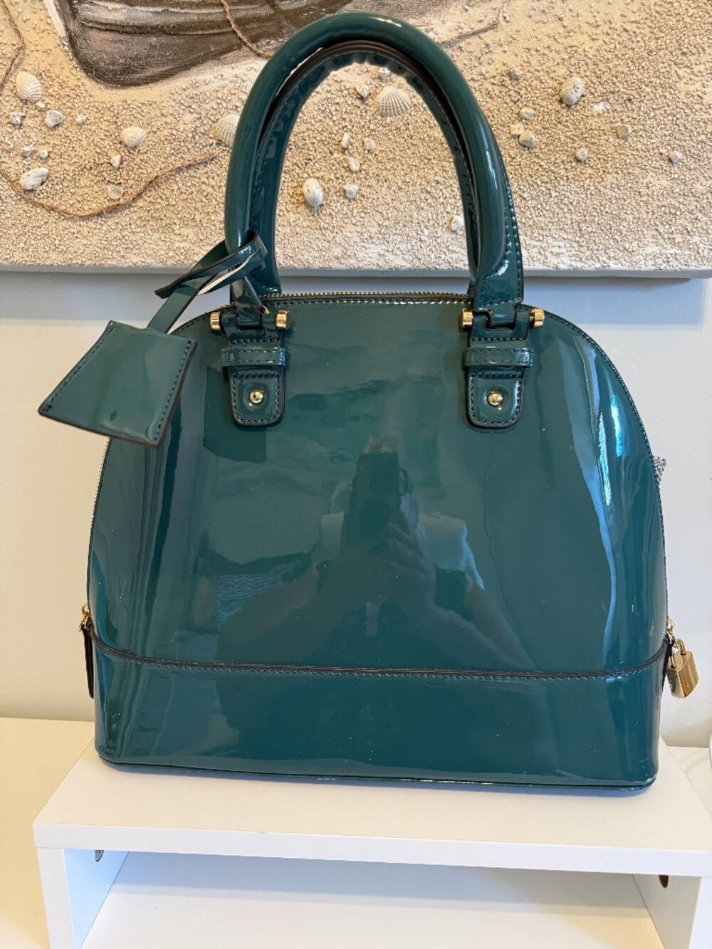 Glossy Teal Dome Satchel Purse with Gold Hardware